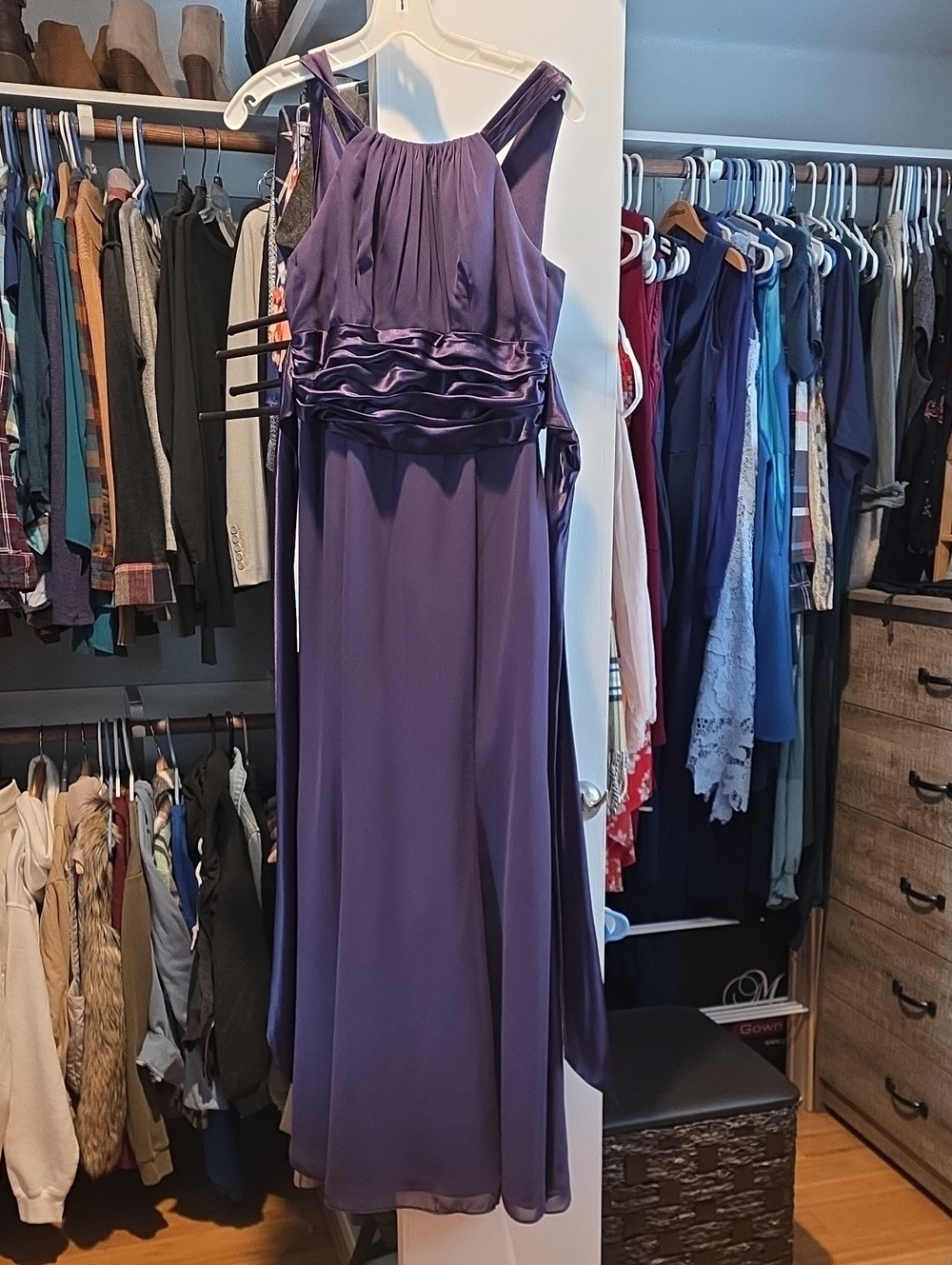 David's Bridal Purple Chiffon Maxi Dress with Satin Waist